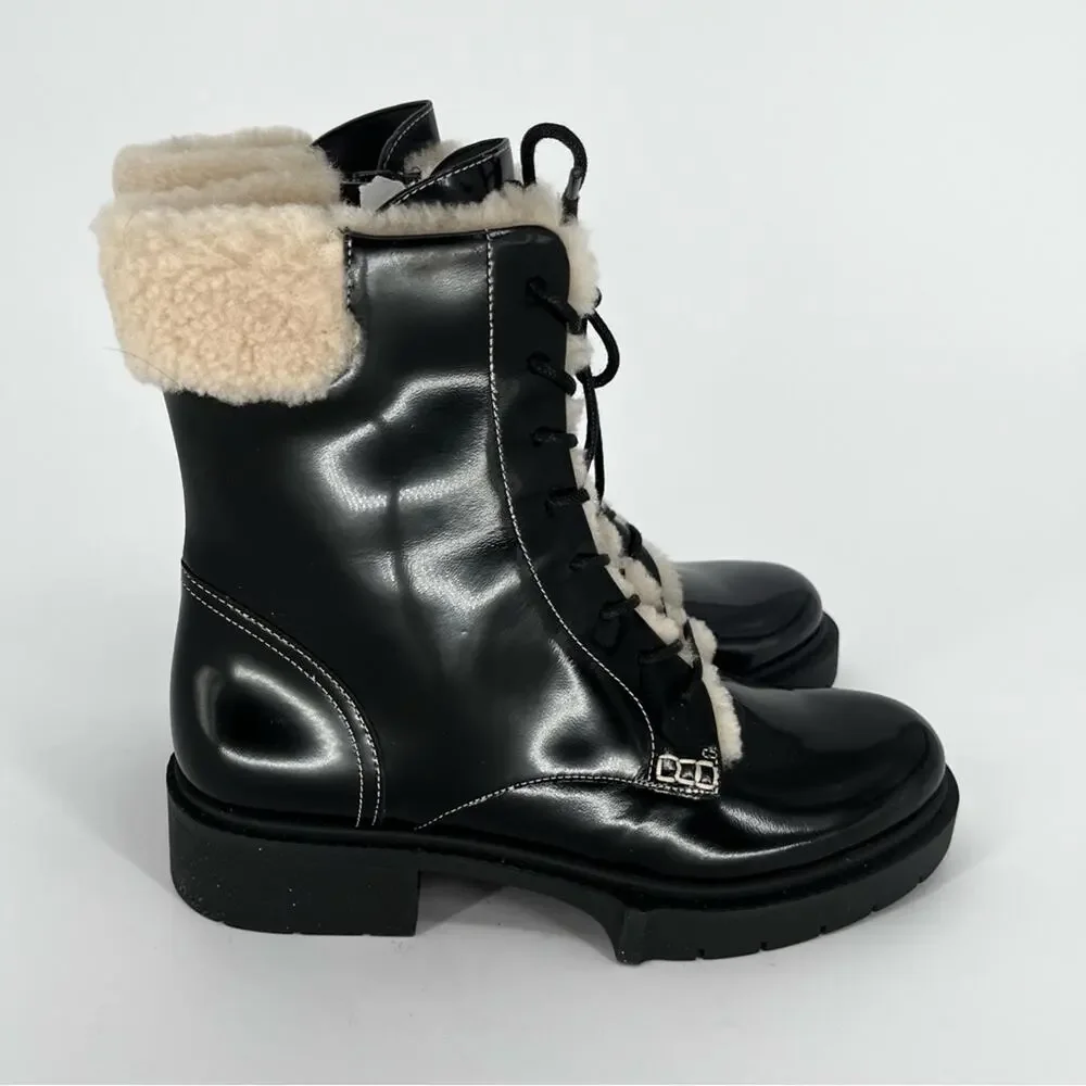 Coach Leighton Combat Boots Black Shearling Trim Lace-Up - Size 8.5